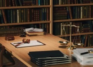 A wooden desk in a law library features a gavel, clipboard with documents, law books, stacked folders, scales of justice, an hourglass, and a magnifying glass. Shelves filled with books line the background.