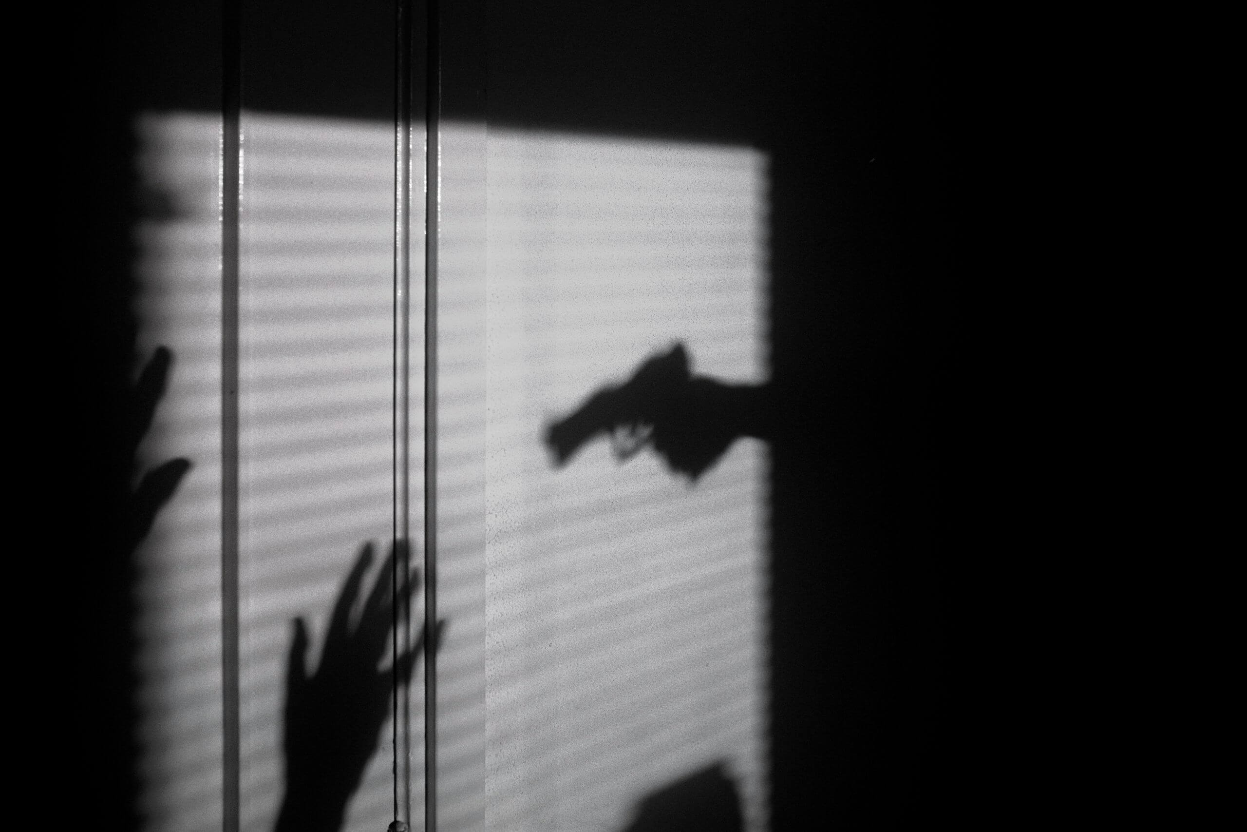 Shadow of a hand holding a gun points toward another raised hand on a wall, with light streaming through blinds creating a dramatic, tense atmosphere—suggesting the weight of circumstantial evidence in the unfolding scene.
