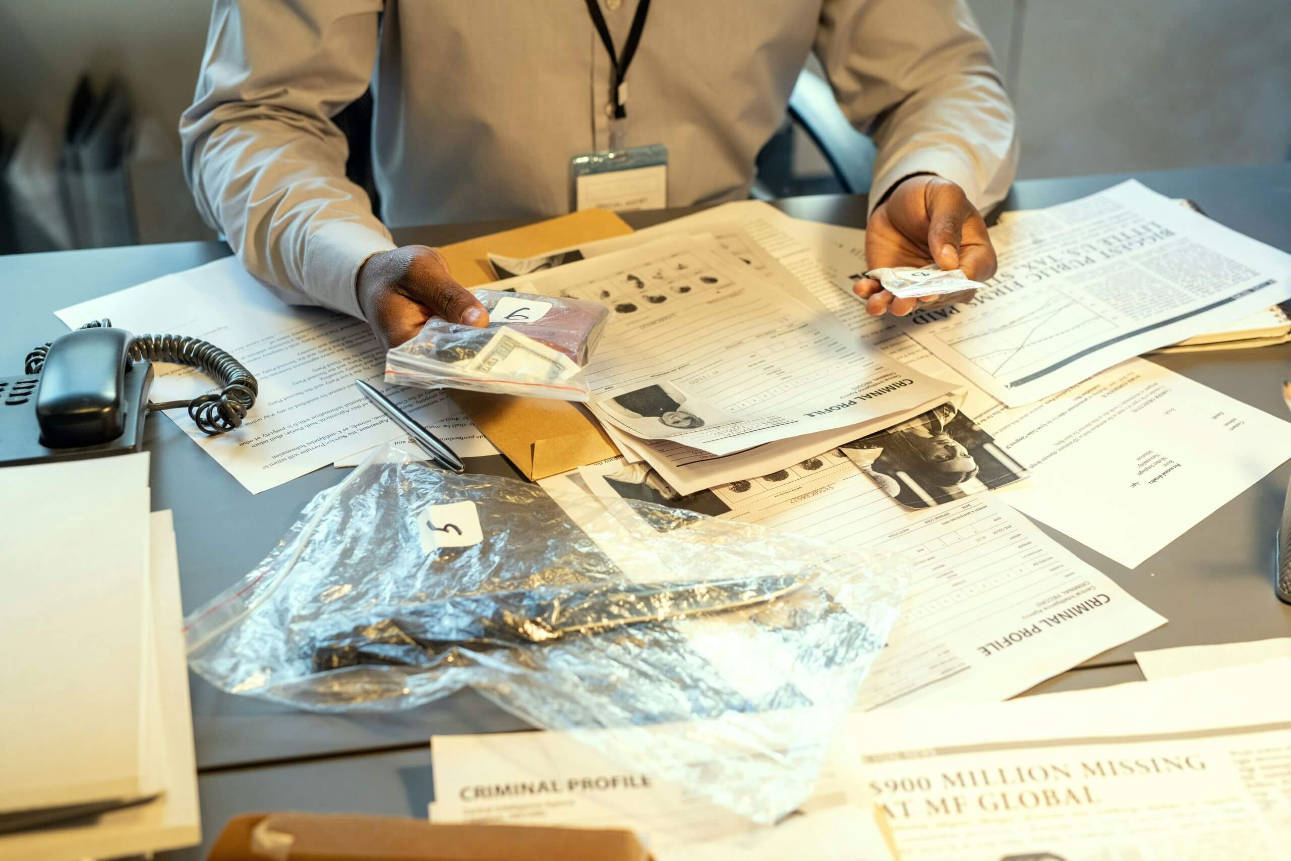 A person at a cluttered desk examines evidence bags and paperwork, including newspapers, photos, and documents related to a complex criminal case.