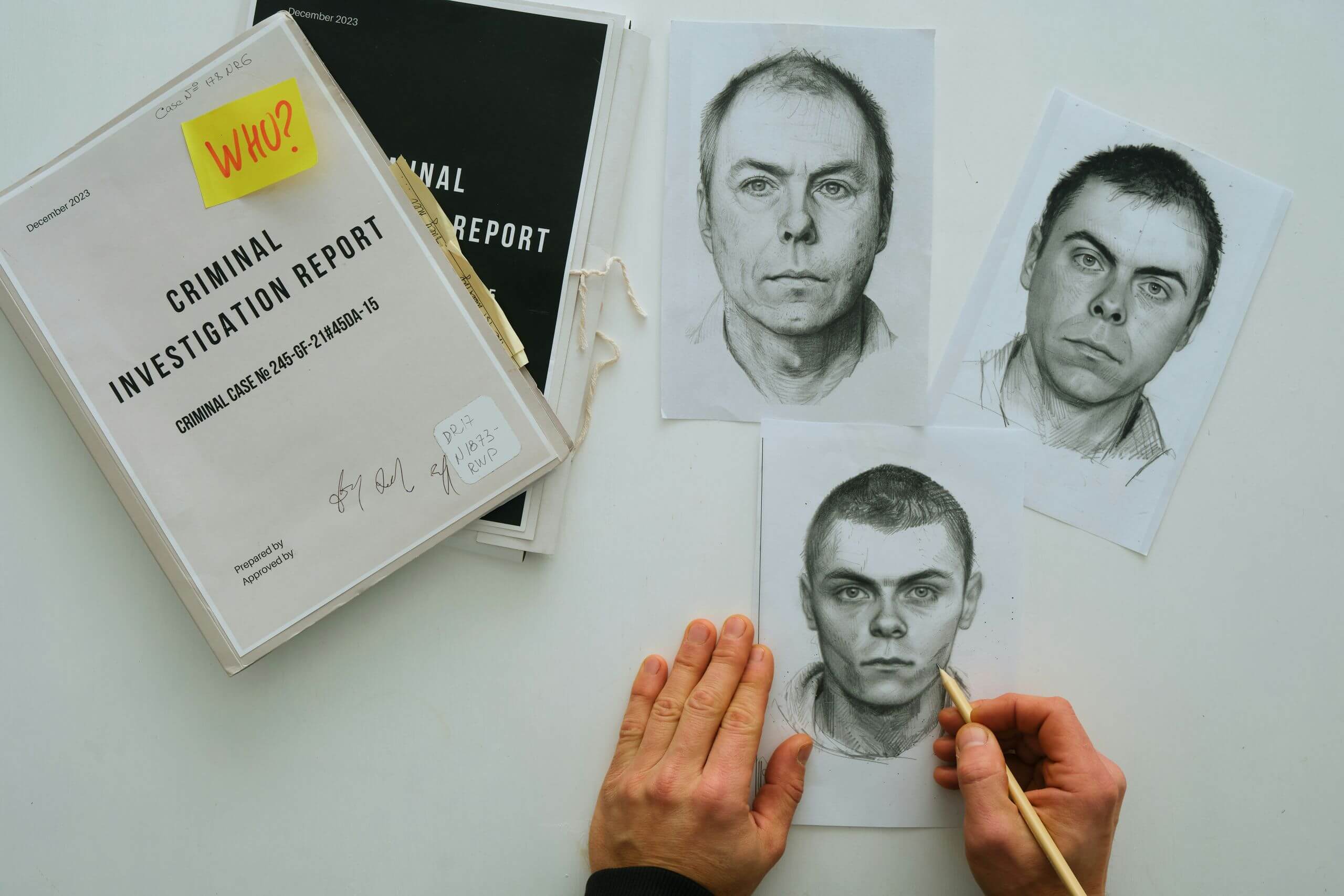 police report A police report and sketches of a suspects face are laid out on a white surface. A hand is visible drawing on one of the sketches.